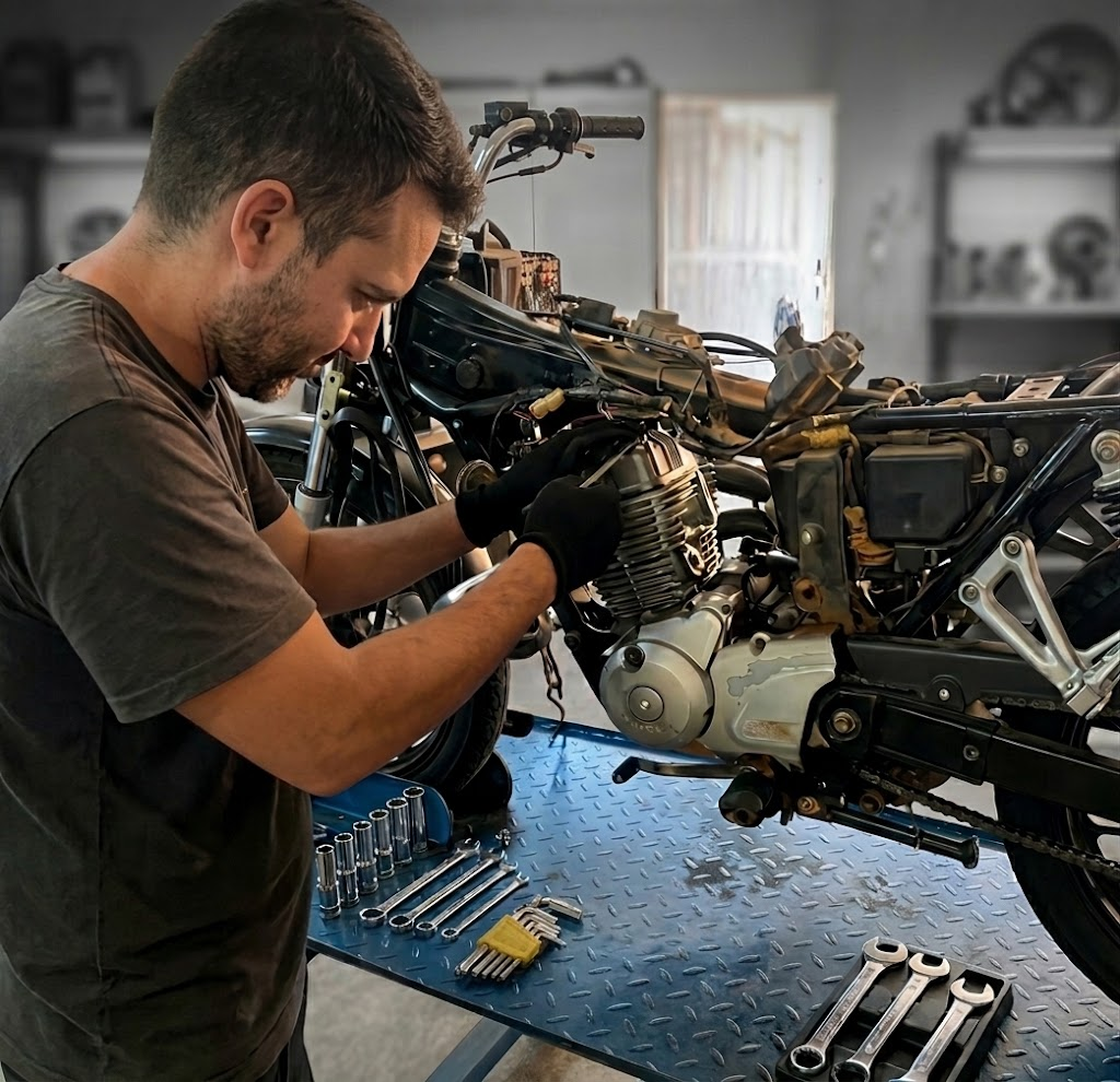 Mecânico trabalhando na parte de cima do motor de uma motocicleta
