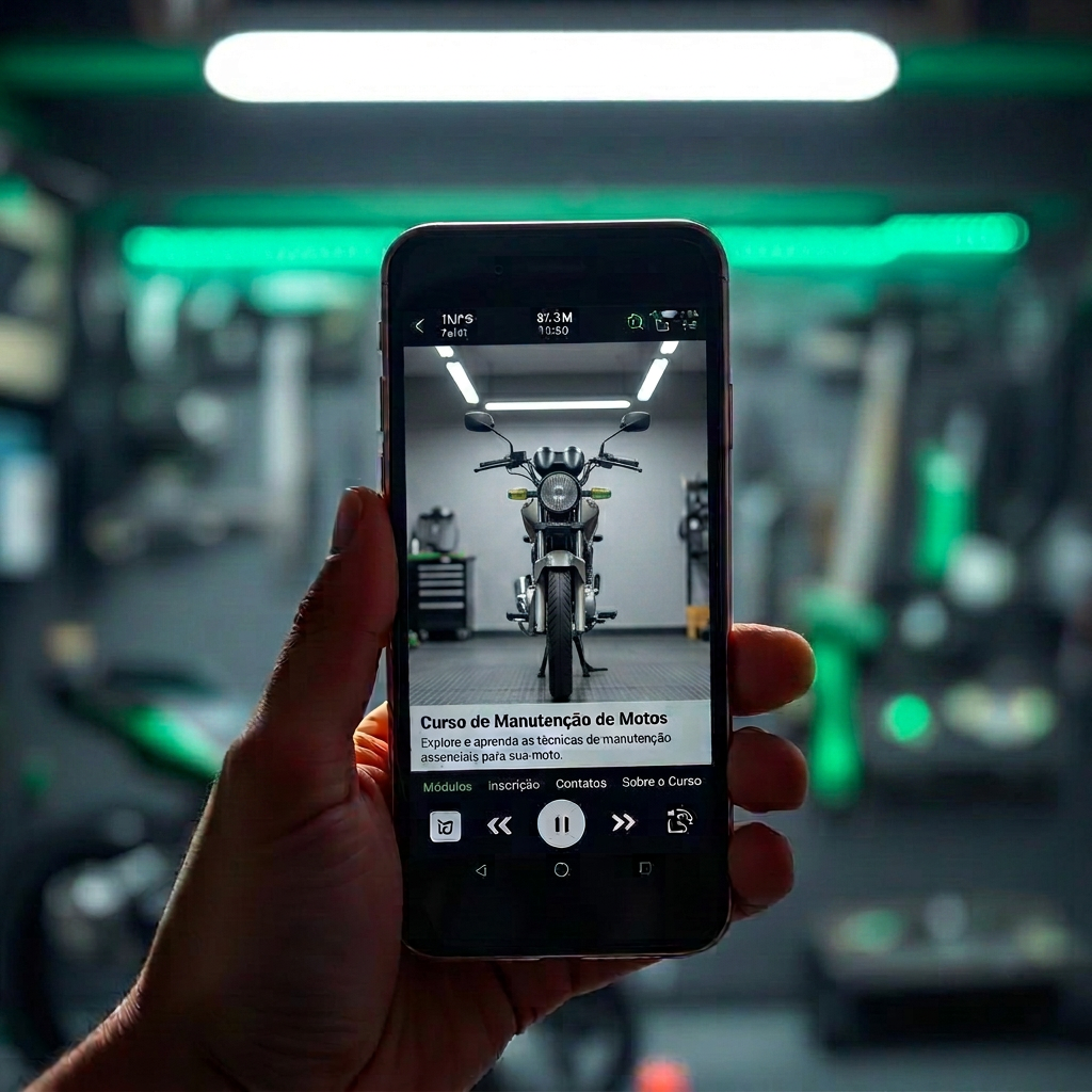 Curso de manutenção preventiva de motos exibido no celular